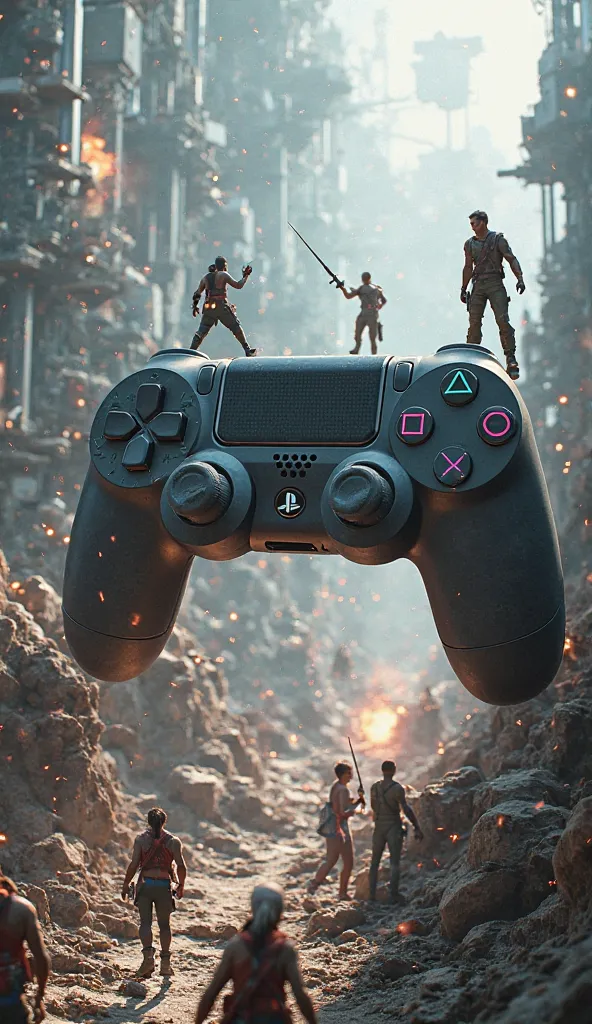 A futuristic PlayStation controller transformed into a battlefield where famous PlayStation game characters fight and explore, epic perspective, hyper-detailed, Unreal Engine render, photorealistic