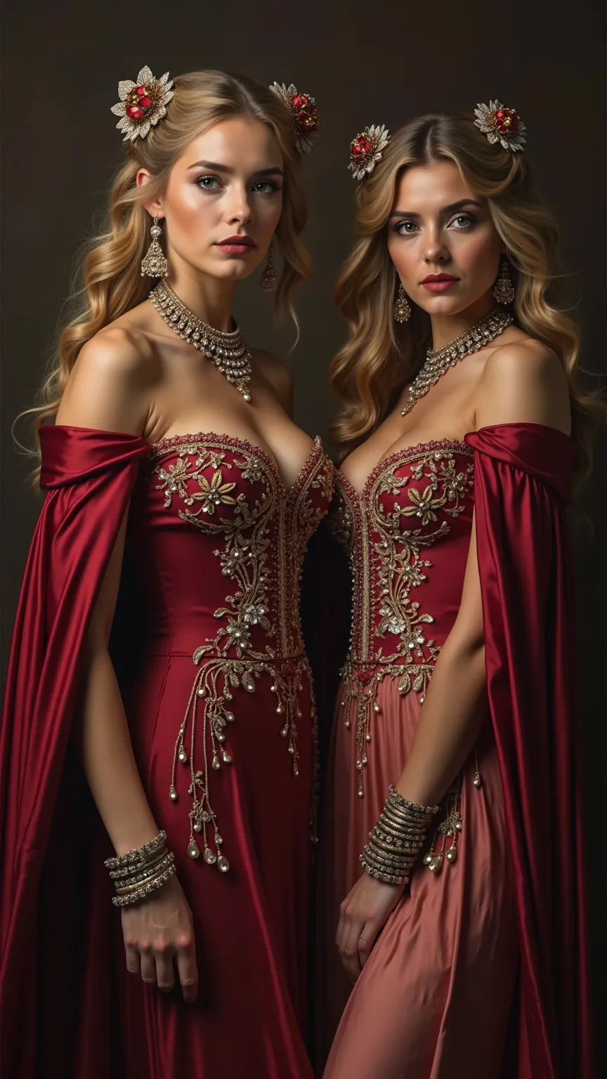 Two courtesans with sun-kissed skin, full lips and penetrating eyes. Her luscious figures are decorated with ornate, adorned with jeweled dresses, that accentuates every curve and they wear for a long time, flowing burgundy capes, Which fall elegantly over...