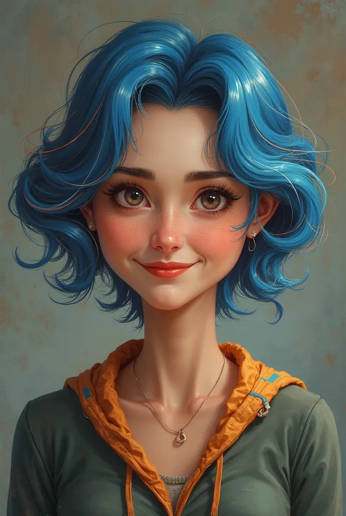 50-year-old woman with blue hair on the outside and gold on the inside. She has a square shape for her hair. Elle a l'air sympathique et sourit.