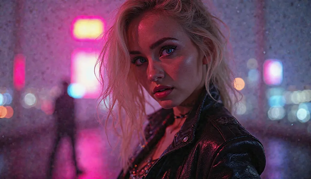 A stunning blonde female singer with blue eyes, confidently posing under neon lights. She wears a stylish, futuristic outfit with metallic details, reflecting the modern pop-urban music style. Her expression is intense and passionate, ready to perform. The...