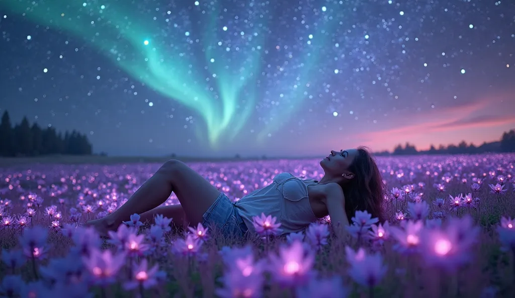 A woman lying on her elbows in a magical field of glowing flowers, surrounded by soft ambient light and an ethereal aurora borealis. Above her, complex star patterns form in the sky, created by a mathematical equation. The flowers are vivid in hues of deep...