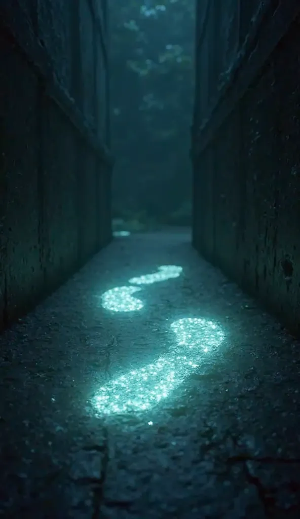 "A pair of glowing footprints emerging on the dark floor, lighting the way forward."