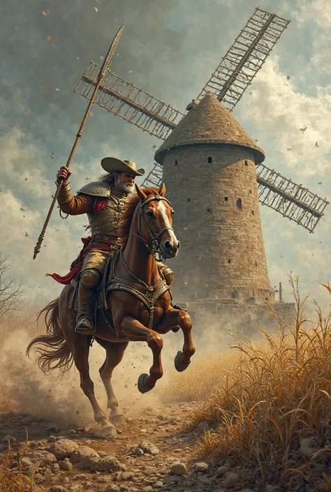 Crea una imagen realista y detallada de Don Quixote de la Mancha en plena batalla contra un molino de viento. Don Quixote, with his worn armor and his spear held high, he bravely charges against the mill, believing him a giant. His faithful horse,  Rocinan...