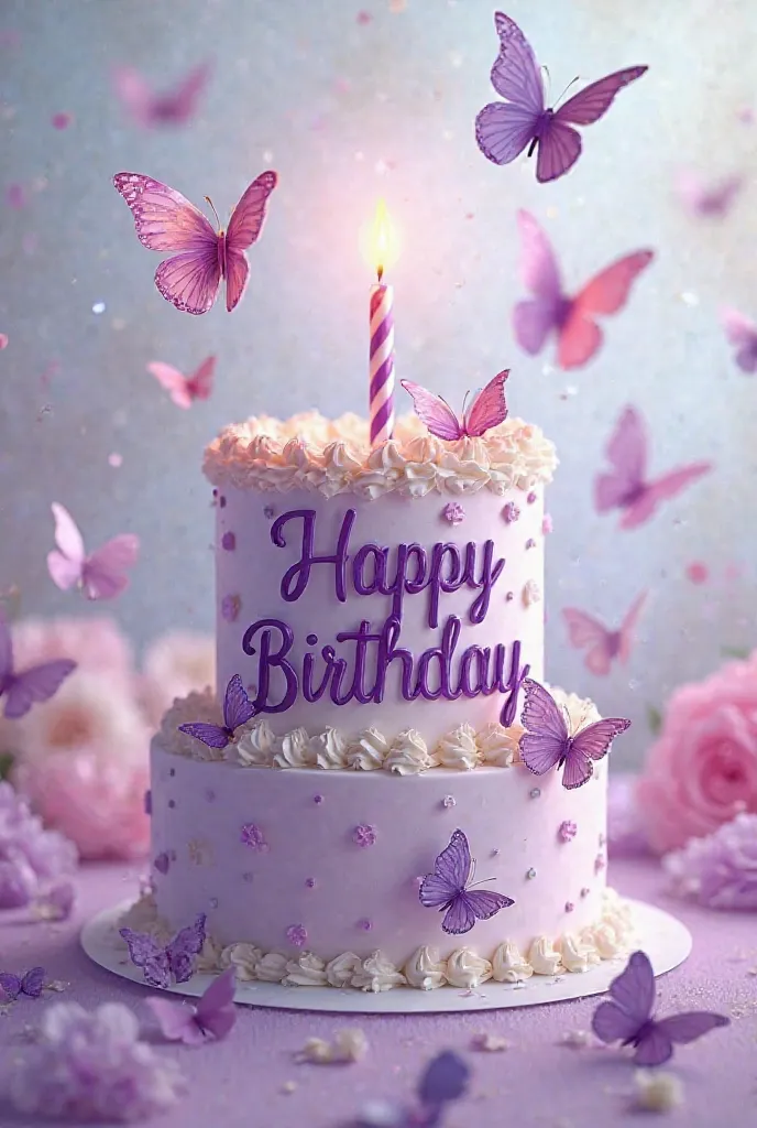 Birthday cake that says happy birthday air in purple and white with a burning candle and butterflies around animated flying