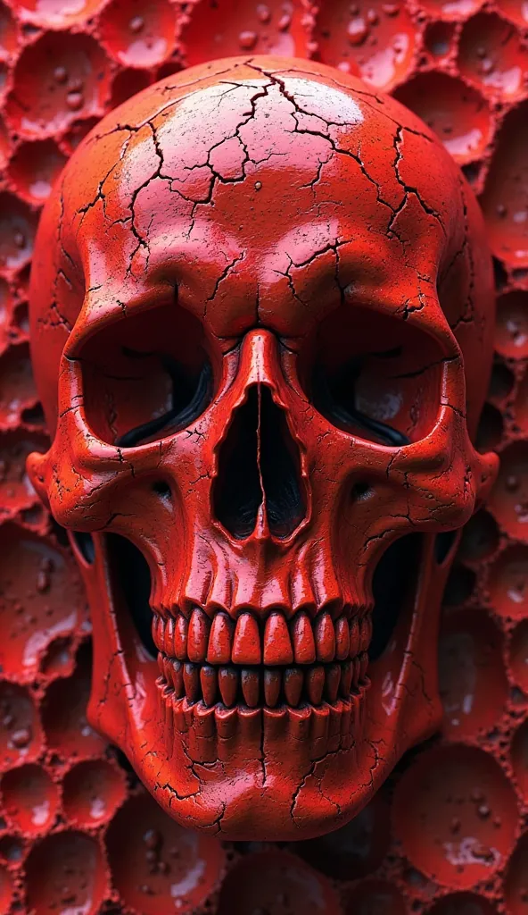  . Create a 3D image of a skull made up of small, irregularly connected cavities and tunnels. The dominant color is red, with different shades that give it a somewhat three-dimensional appearance. The dark cavities create a striking contrast with the mater...