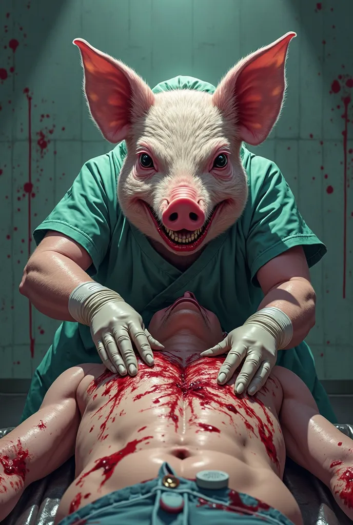 pig surgeon splattered on blood, human open chest grotesque, eyes black and smile, anime draw