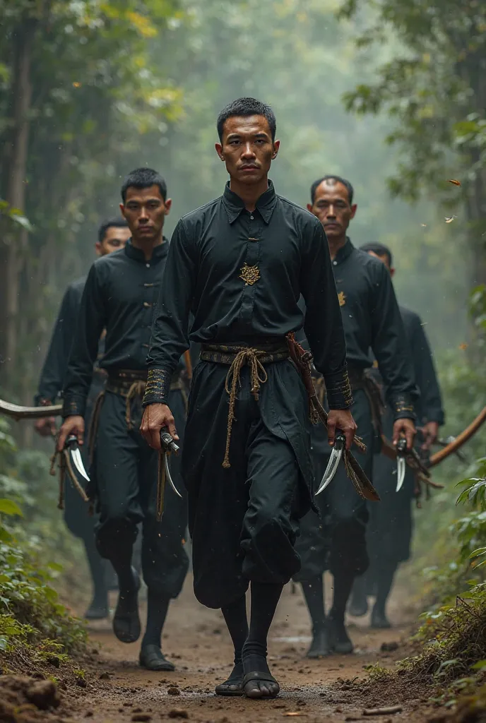 Group of Malaysian traditional warrior. Wearing all black traditional Silat uniform. Hold traditional weapon like keris amd archery. Walking towards to battle. 