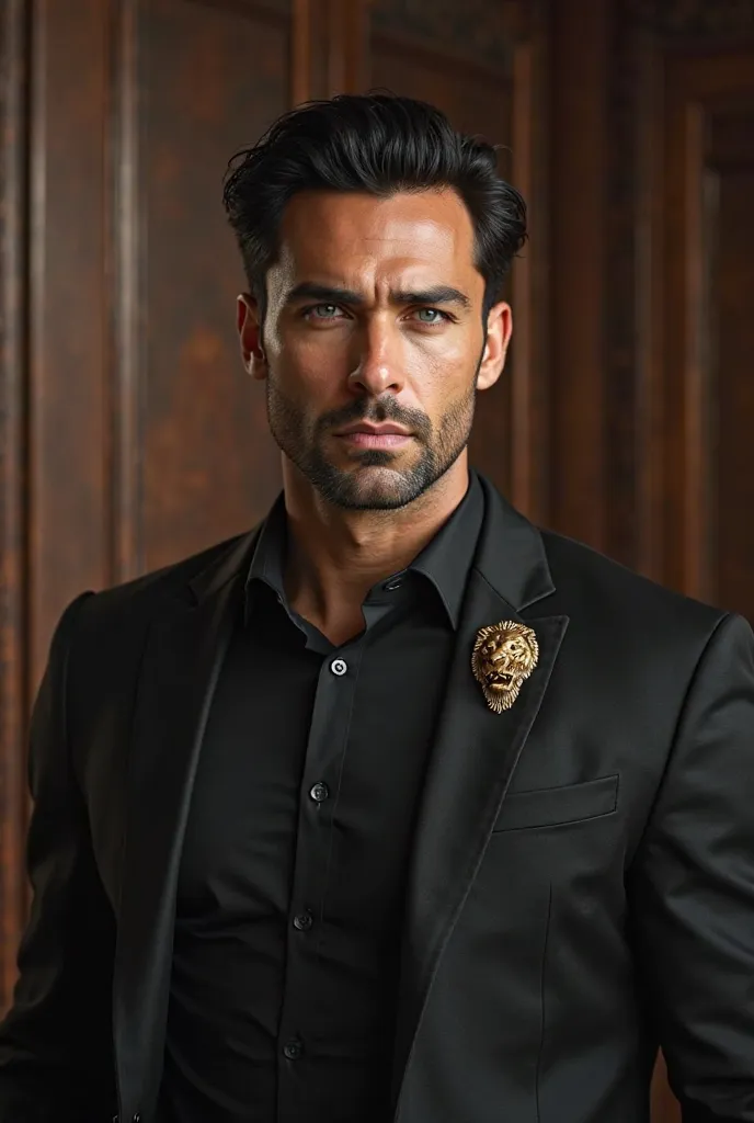 a beautiful attractive man, politician, black hair, Large fit man, strong jaw, piercing blue eyes, professional expression, brown-skinned, standing in a professional office, facing forward in a professional pose, serious expression, black jacket, black dre...