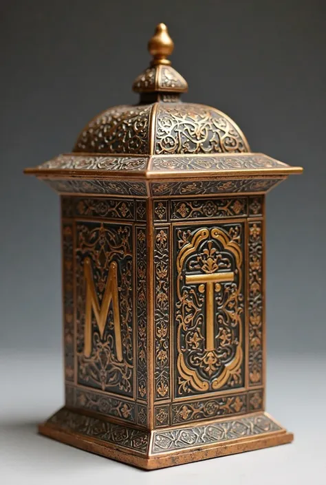 A square incense burner with a decorative Andalusian Islamic design and its color is close to copper or bronze with the letters M and T in gold. It has a huge, luxurious and imaginative design that is very elegant. Al-Fateh  