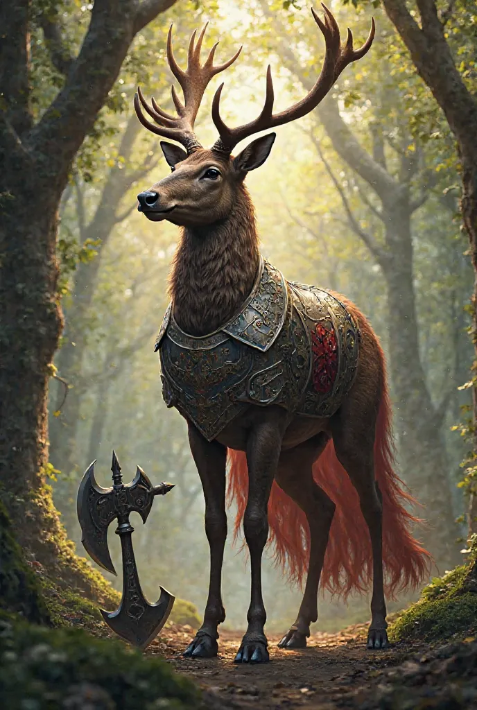 A deer dressed in medieval armor carrying the symbol of the Knights Templar holding an axe 