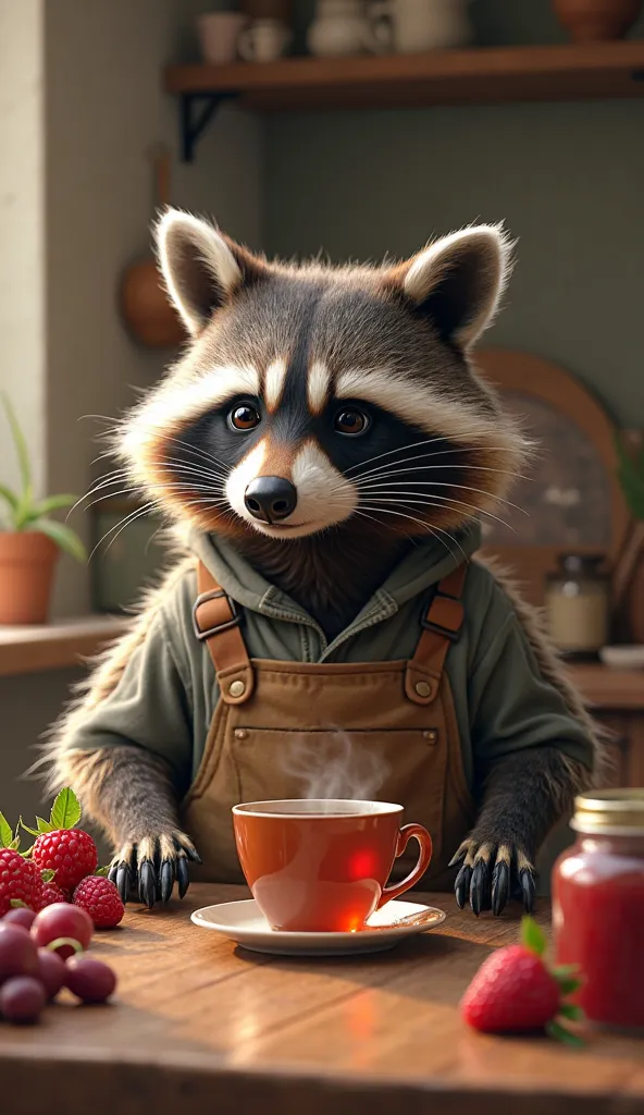 A raccoon farmer in an apron in the kitchen at the dining table is drinking tea, there is a jar of raspberry jam nearby