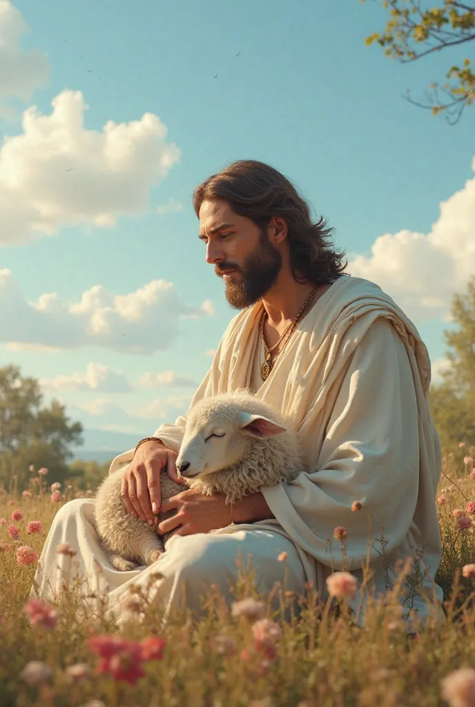 hyperrealistic portrait of Jesus Christ sitting carrying a small sleeping sheep on his lap,open field with flowers and trees, Clear blue sky with white clouds , soft and warm light ,earthy and pastel color palette,religious art,oil on canvas,high quality,4...