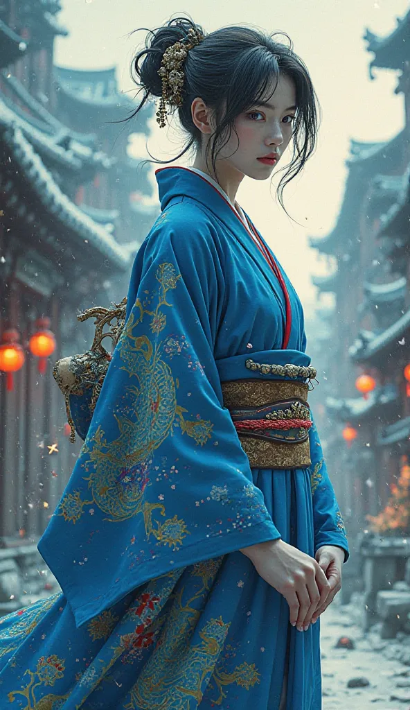 4K IMAGE JAPANESE MANGA)Vivant.Ryuu dressed in blue kimono with dragon motif still talking