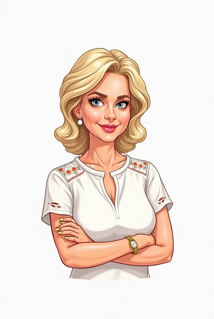 Cartoon drawing of a middle-aged woman, Who is the mayor of a city, She is fat, Fair skin, medium medium blonde hair with light ripples and split on the side, For a left feeling and a friendly smile.  Your eyes are expressive ,  highlighted by subtle makeu...