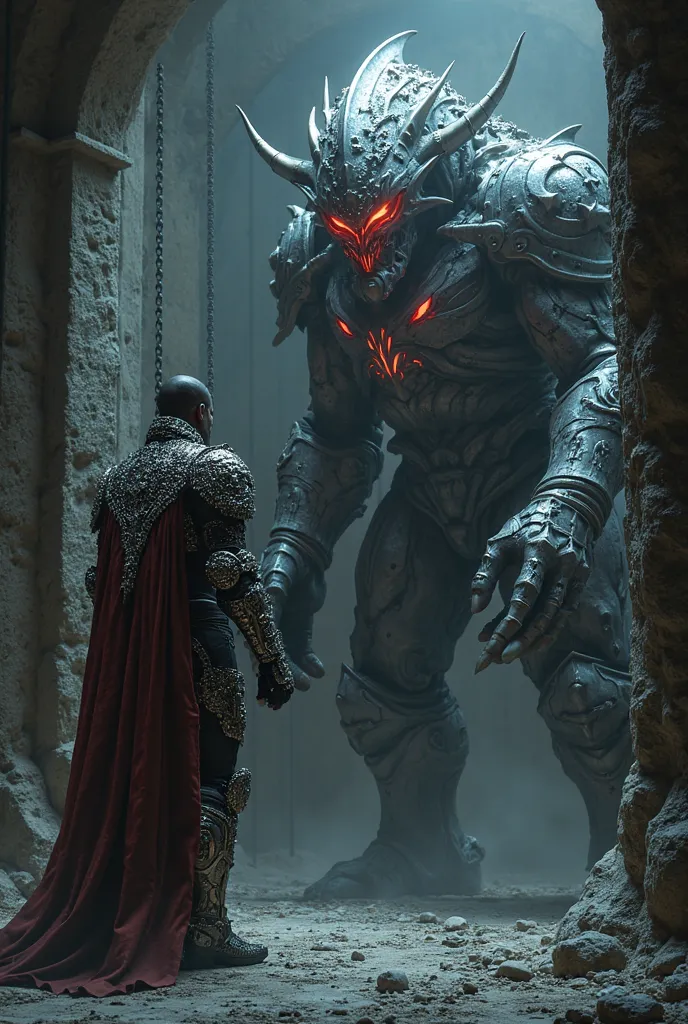 A man in diamond armor , is in a dark room, in front of him a very large cell, Inside the cell you can see a sturdy and very large being made of steel with blood-red eyes 