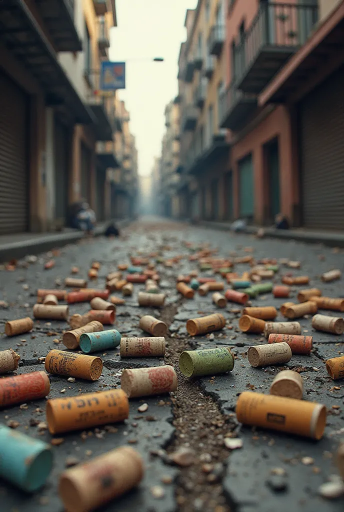 A dirty street with bottle corks 