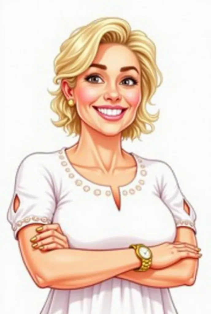 Cartoon drawing of a middle-aged woman, Who is the mayor of a city, She is fat, Fair skin, medium medium blonde hair with light ripples and split on the side, For the left feeling and a friendly smile.  Your eyes are expressive ,  highlighted by subtle mak...