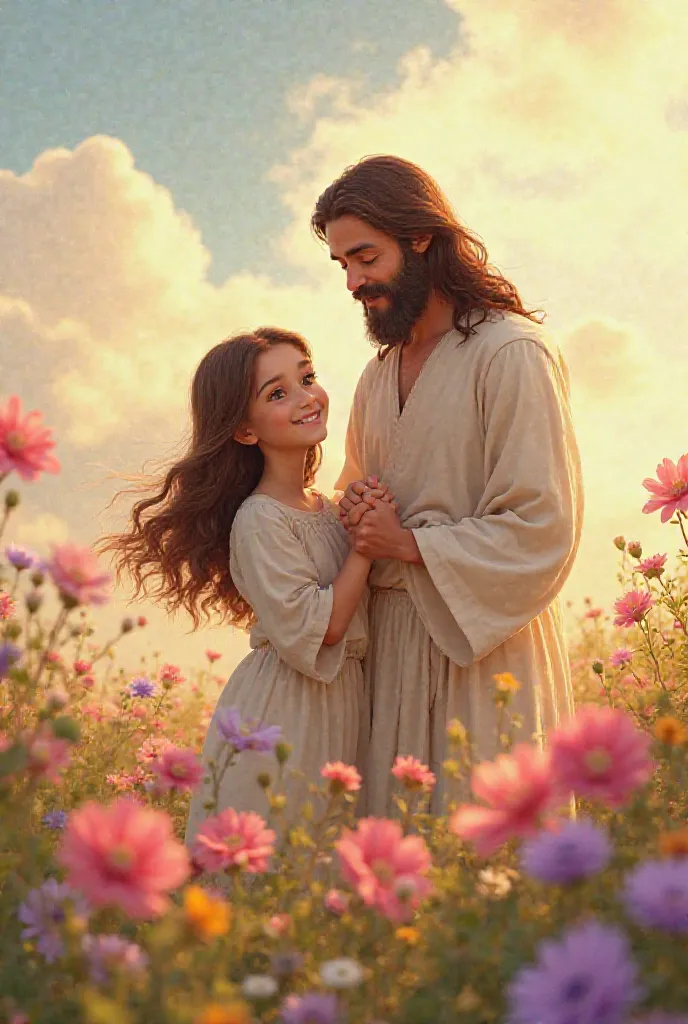 girl, with brown hair, in a flower field, standing with Jesus holding her hand, with a beautiful smile. Disney Pixar style. Cartoon