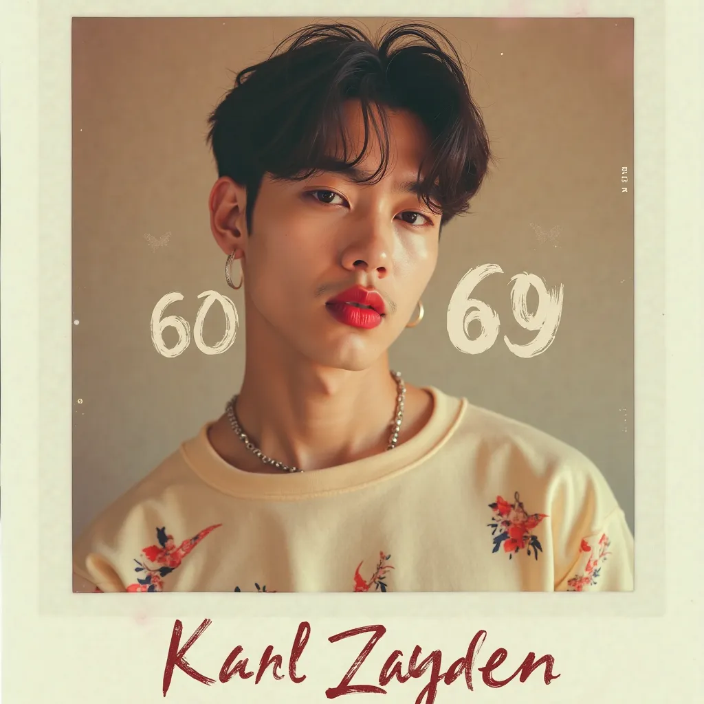 Create a Polaroid-style album cover featuring a close-up portrait of a Korean handsome muscular man with red lipstick and a vintage aesthetic. The image should have a warm, faded color palette with a soft, nostalgic feel. The subject's face should be cropp...