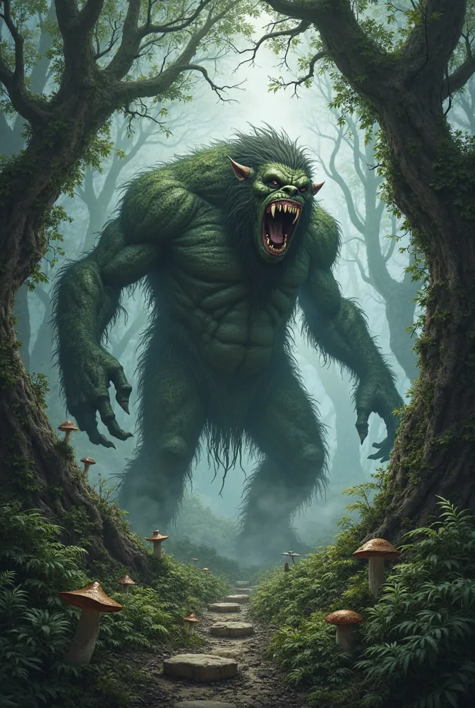 create an image with a dark forest in fairytale style and with a big scary troll