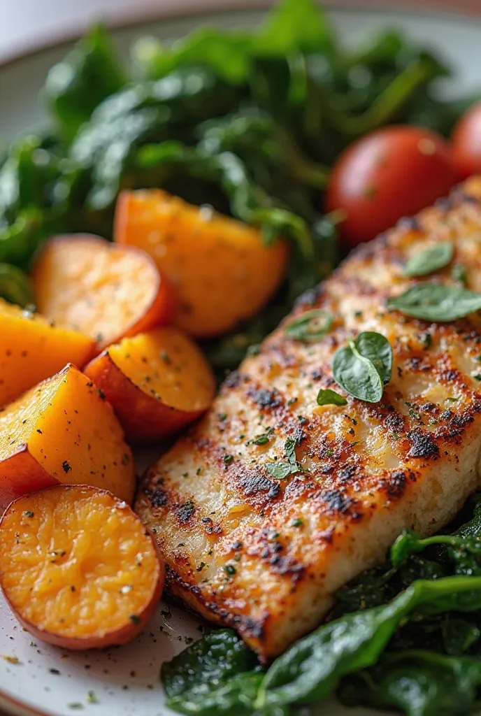 100g of grilled fish

1/2 boiled sweet potatoes (100g)

a cup of cooked spinach (50g )
Make a picture of this dish