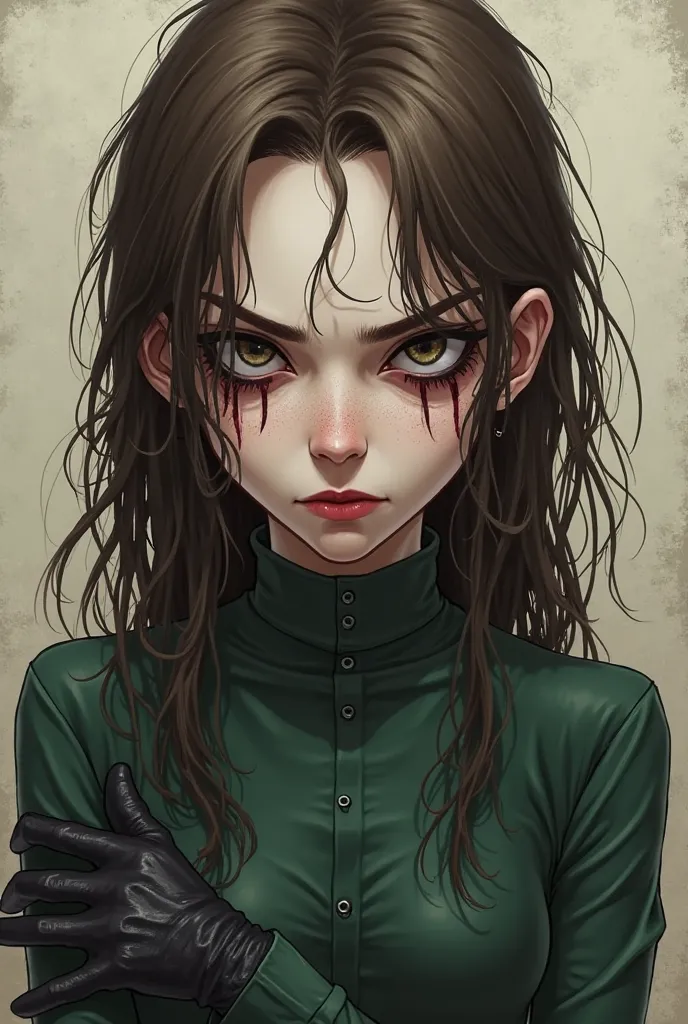 I draw a big prince who looks real and looks ugly. She has greasy brown hair, black eyelids under her eyes. There are also lines under her eyes and very tired, but she looks very angry but silently and very thin. She wears a dark green shirt and black glov...