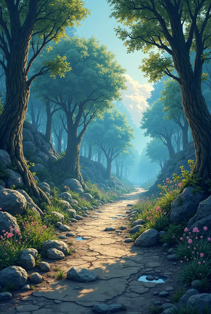 Créez une illustration de fantaisie représentant un sentier en pleine érosion. Le sentier serpente à travers une forêt magique, avec des arbres aux formes enchanteuses et des plantes lumineuses. Des fissures et des affaissements apparaissent le long du sen...