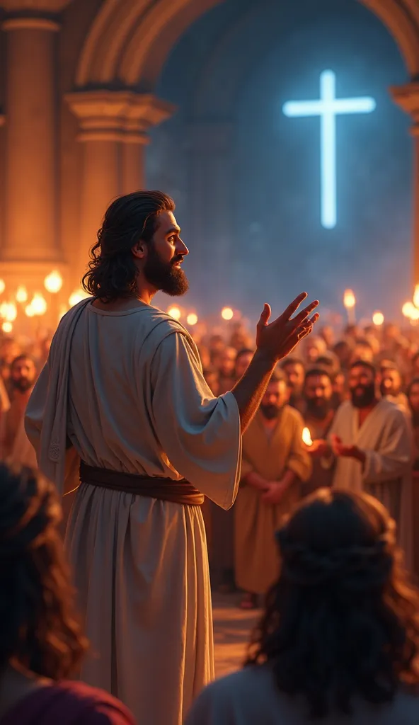 Paul is in a large room illuminated by torches, speaking enthusiastically to an attentive crowd. He wears simple robes and has a passionate expression, gesturing with his hands while teaching about Jesus. Disney/Pixar-style art