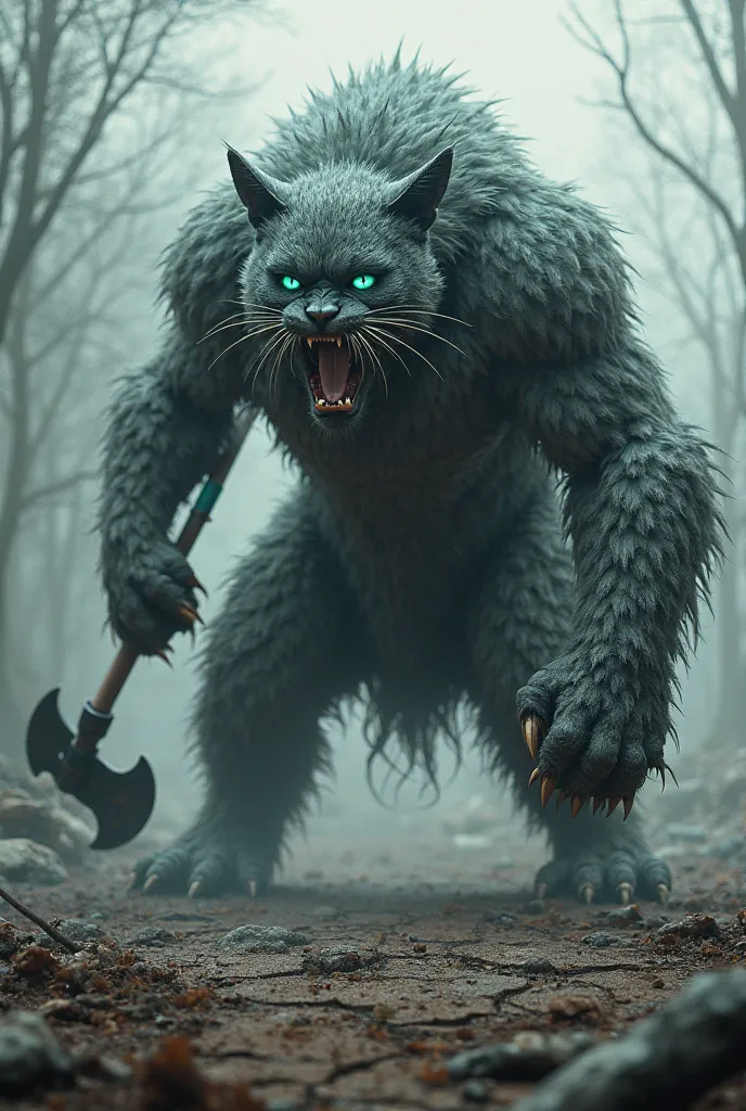 Monster cat with an axe hitting the floor