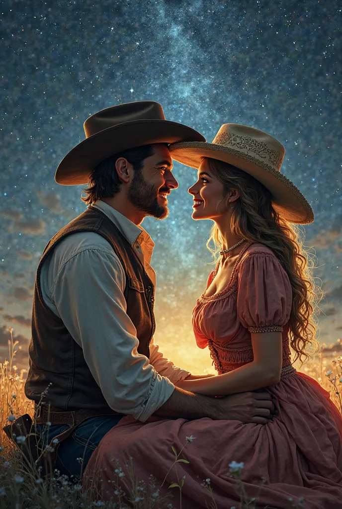 quality masterpiece, artistic drawing, couple, man and woman cowgirl and cowboy style wearing hats, sitting down and talk, full body facing each other, smiling in love, the scenery in the background is a night sky full of stars , dark, lights reflect on th...