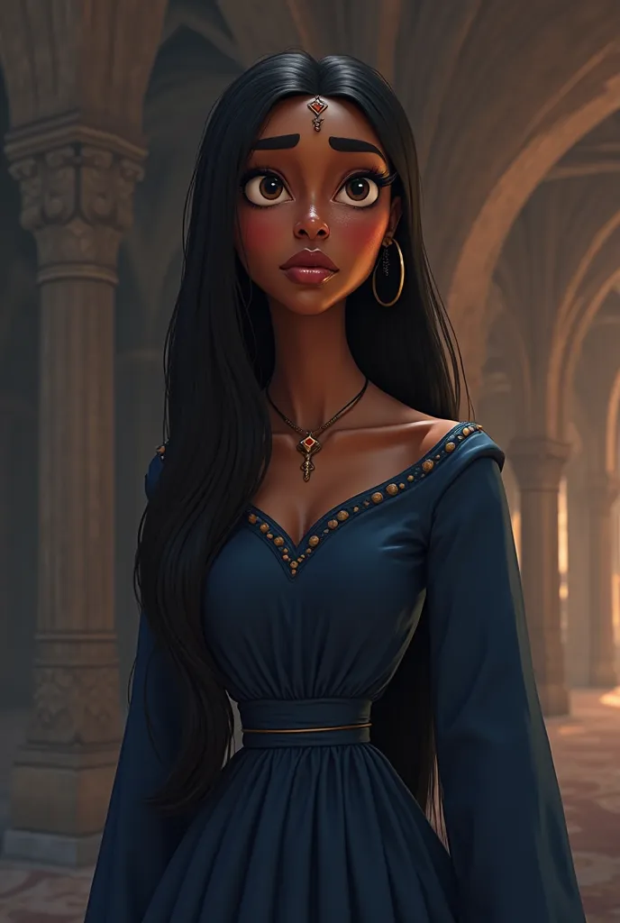 Create a dark-skinned Disney Pixar-style queen, straight black hair breasts,  with sad face , dark blue dress, 50 years old, Without big breasts