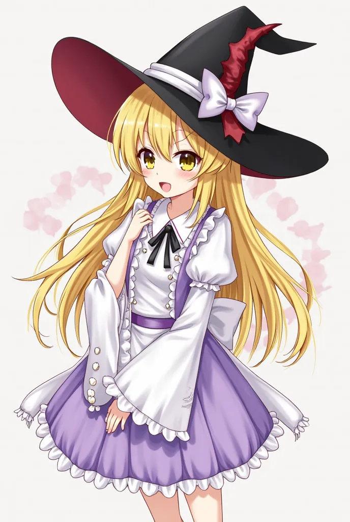 girls、 a black witch's hat 、red false horn on a hat、 long yellow hair 、open your mouth slightly、Gentle yellow eyes、A cup breasts with hair tips、white and light purple shrine maiden costume、white skin、here、anime style、simple background