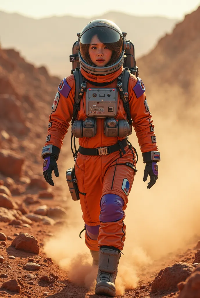 An Korean woman astronaut in a skin-tight orange and deep purple spacesuit, running through a barren Martian landscape. Her helmet reflects the dust storm around her, its clear visor revealing her determined, focused expression. The suit is high-tech, with...