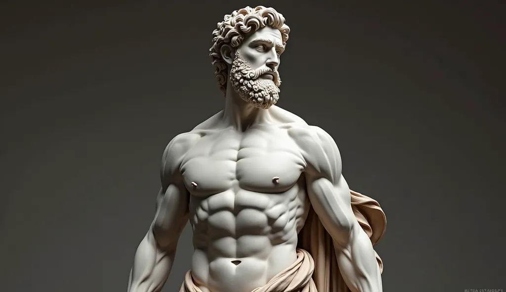 Statue of a Greek warrior in a battle-ready stance, with well-defined muscles and a beard. His hair is short, and his expression is intense, looking slightly to the right. His body is partially nude, showing a finely sculpted chest and abdomen. The Greek t...