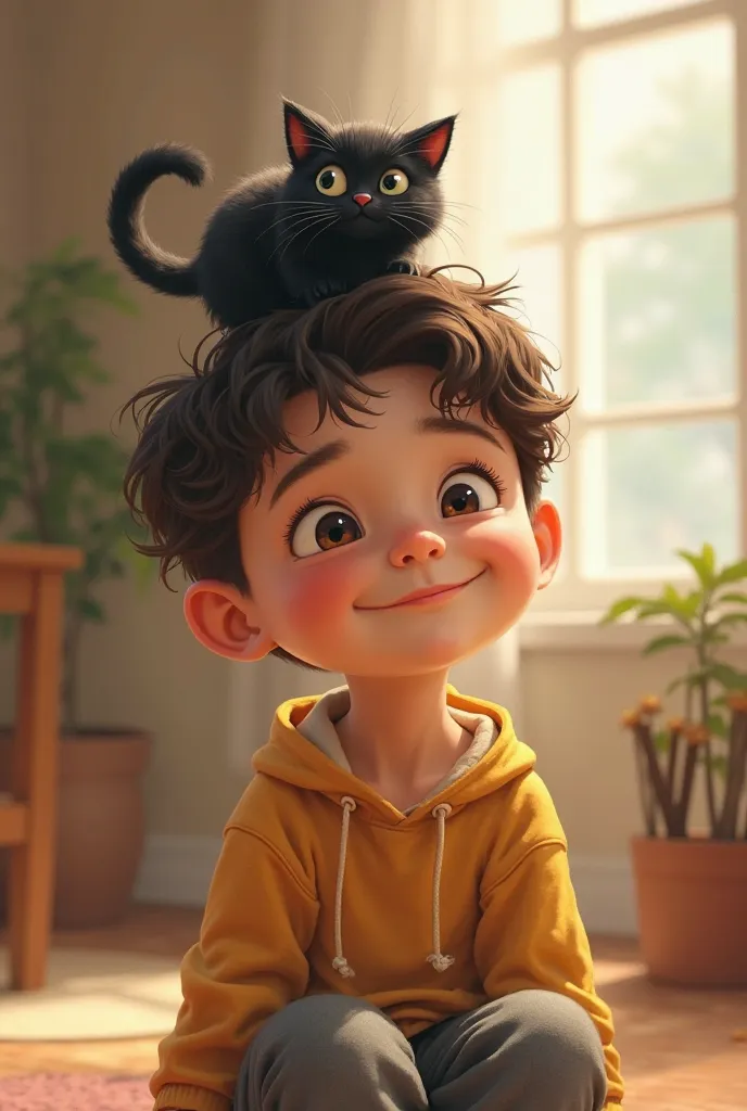 a age boy with a black kitty on his head drawing 