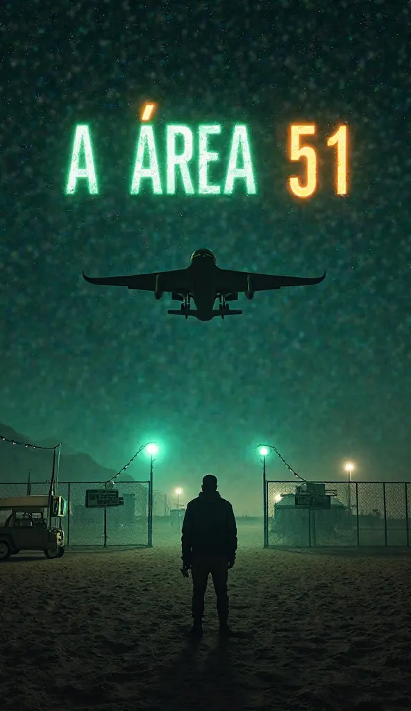 A dramatic and immersive cover image for a video titled 'A Área 51'. The image should feature a mysterious desert landscape under a dark, starry sky, with a silhouette of an eerie, futuristic aircraft hovering above a highly secured military base. The base...