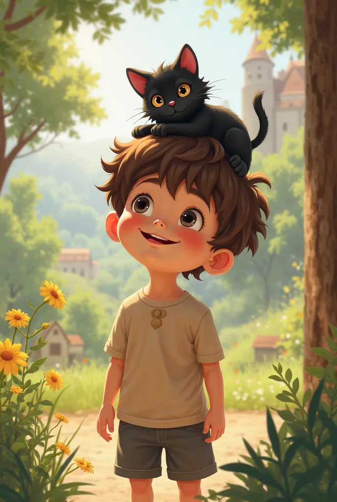 a age boy with a black kitty on his head 