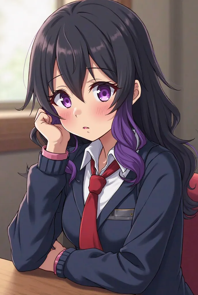 Make me a picture:  comic book panel Boku no Hero Academia , A age girl ,brunette with wavy black hair with purple wigs,  Violet Eyes, Slightly tired expression, Sitting in a school chair wearing the uniform from the anime