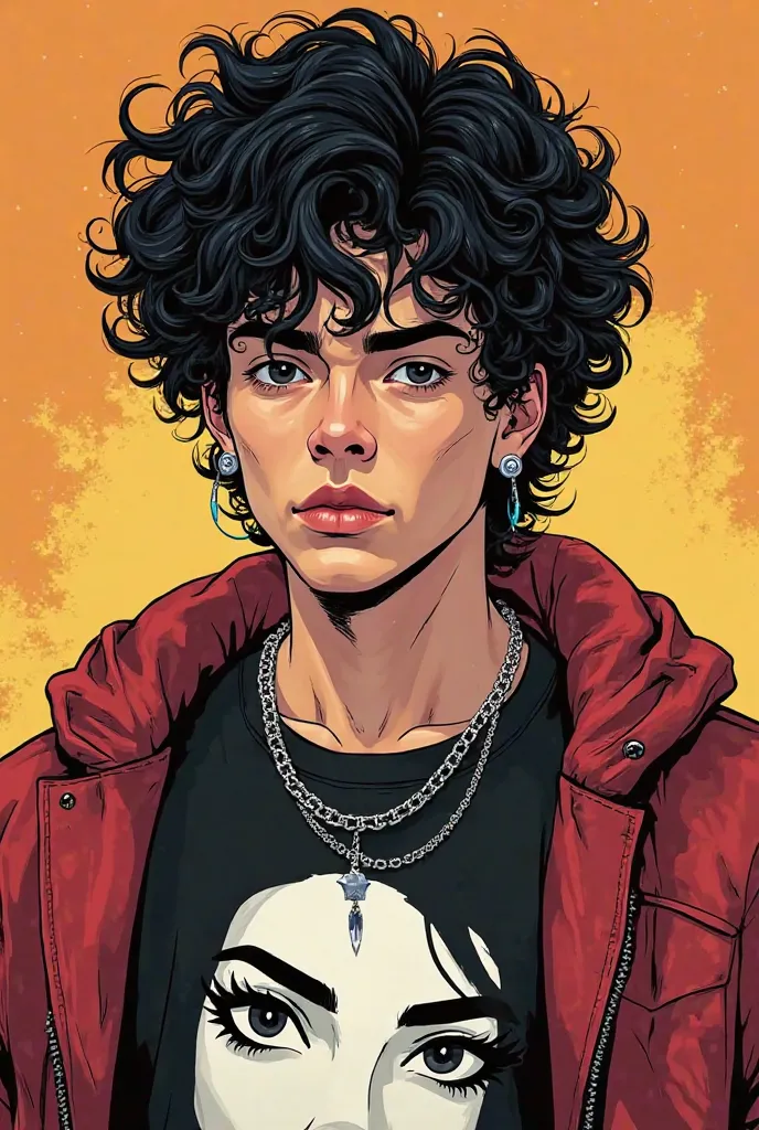 Create an image of comic book style in the DC art style Current by illustrators DC, image of an 18-year-old male character,  he has curly hair  (curly) and black with a full fringe in the front of his forehead, a fringe of length up to his eyebrows, his Th...