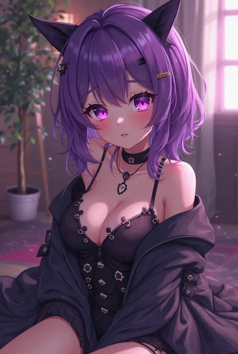 Anime style,cute and awesome teasing girl, purple Hair,purple eyes,sexy,badass,room