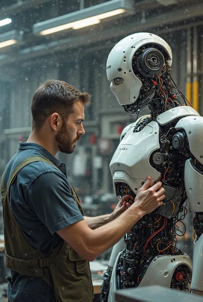 Man arranging the cables of a robot