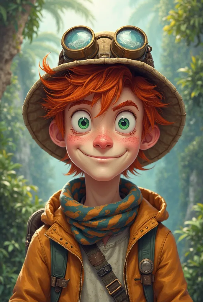 young man,  Atlético, redhead, with green eyes and a funny look. Dressed in a ridiculous explorer's way