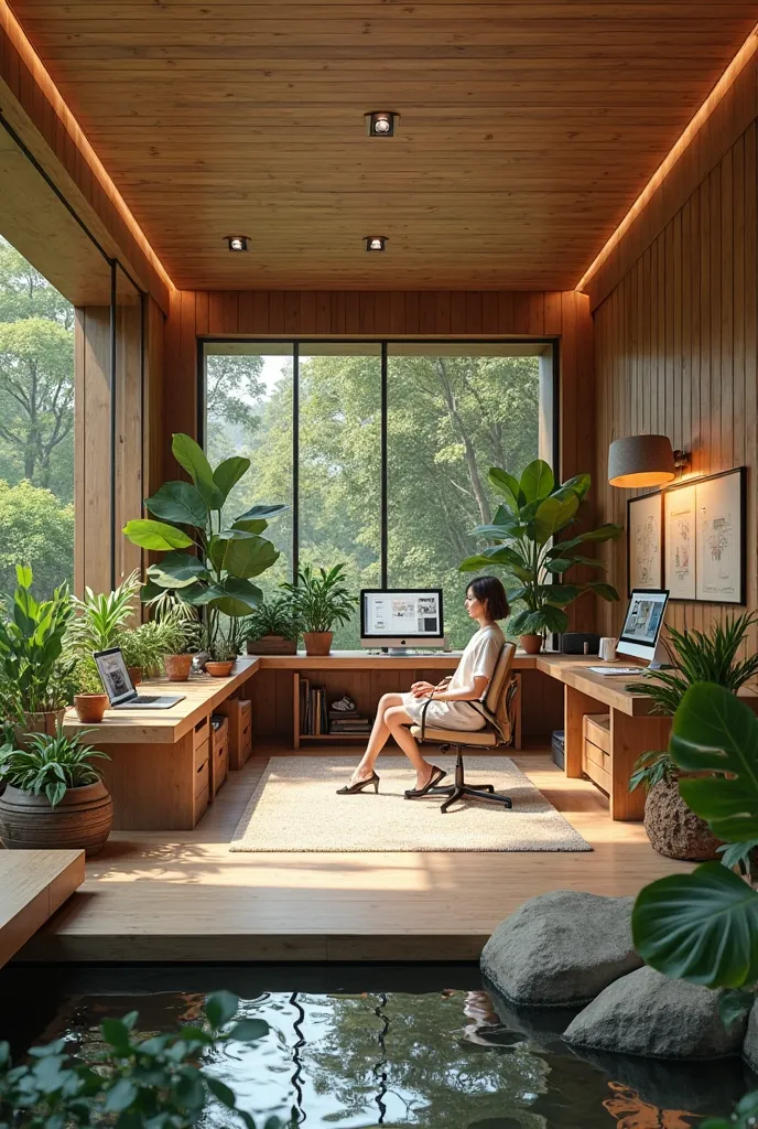 Private architectural office with computer equipment, natural room in wood and vegetation and water