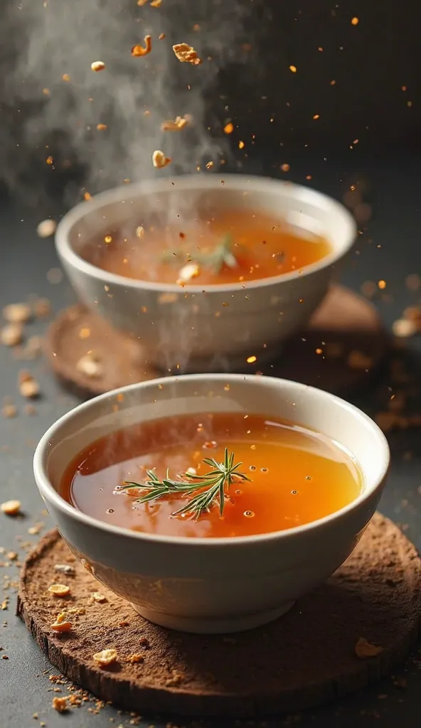 A comparison between two bone broth bowls: one of them smoky and natural, with a vibrant and rich appearance, and the other, of opaque and artificial color, with an industrialized "label" and additives visible around. The natural bowl emits a soft light, s...