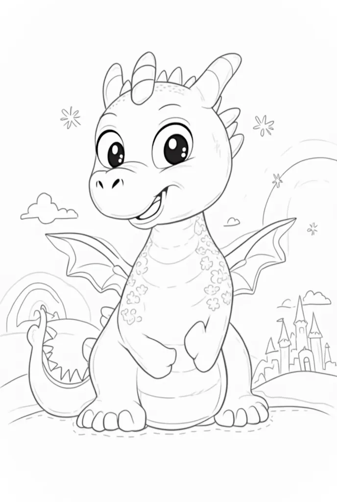 Cute cartoon dragon coloring page for s, friendly dragon with big round eyes, smiling, scales with soft patterns, wings like a butterfly, surrounded by fluffy clouds and stars. Simple bold outlines, minimal details, pastel background with subtle gradients....