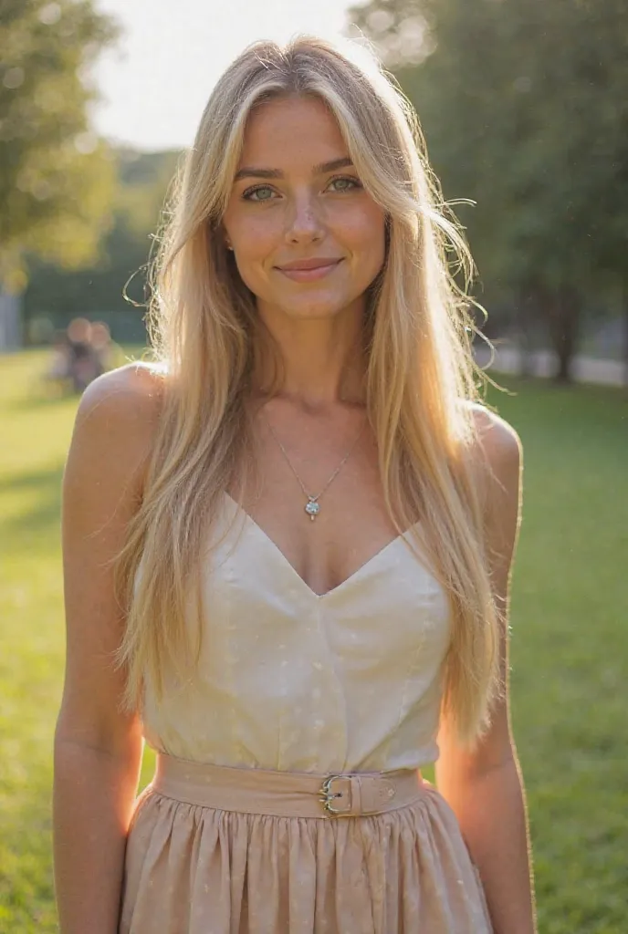 You can use these prompts

Prompt: A charming and youthful woman with long, straight blonde hair, dressed in an elegant sleeveless blouse and flowing skirt. She stands with a relaxed yet poised stance, her smile gentle and welcoming. Her skin is radiant, e...