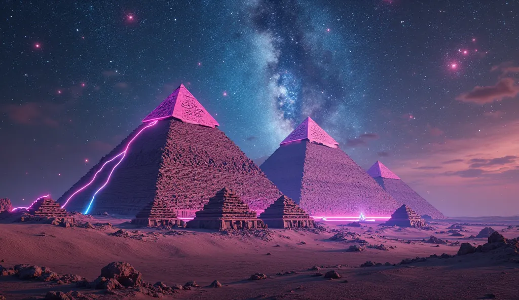 THE PYRAMIDS OF EGYPT GALACTIC IMAGE OF THE FUTURE WITH NIGHTCLUB LIGHTS AND LASERS AT NIGHT YOU CAN SEE THE STARS, real 8k image