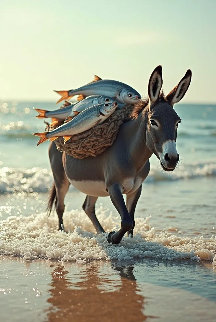 Donkey walking in the sea carrying fish 