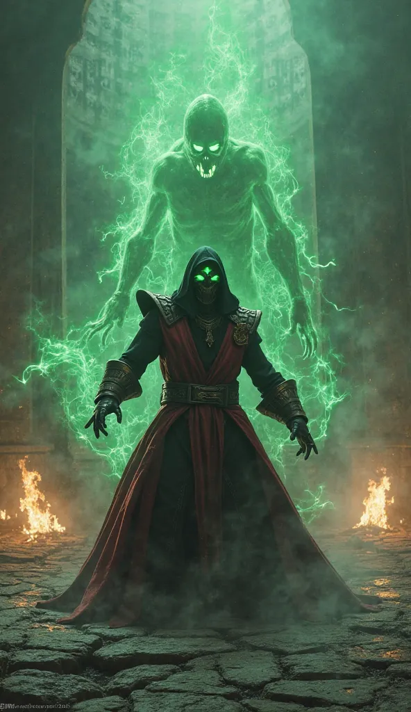 "Ultra-realistic, cinematic 4K action shot of Ermac in the heat of battle inside a Mortal Kombat arena. He is in a fierce combat stance, one hand extended forward, releasing a powerful telekinetic blast while spectral souls swirl around him. His glowing gr...