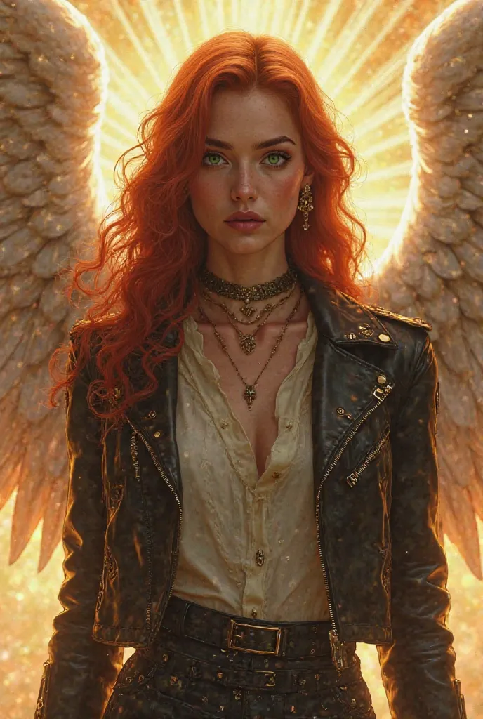 Angel women wings leather jacket blouse red hair green eyes rays of light